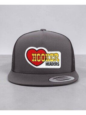 Hooker Headers Patch on YP Flat Bill Trucker Hat Mesh Back Snapback charcoal/blk